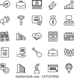 Thin Line Icon Set - office building vector, growth statistic, case, pedestal, team, binder, document, job, reload, handshake, money bag, calendar, cash, paper plane, schedule, hierarchy, mail, tie