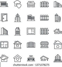 Thin Line Icon Set - office building vector, fence, house, hospital, store, with garage, plan, sweet home, city, eco, door