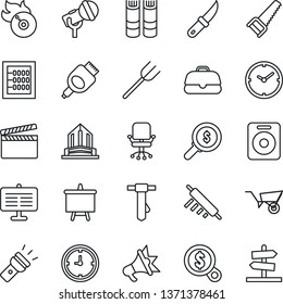 Thin Line Icon Set - office chair vector, book, tie, presentation board, farm fork, wheelbarrow, saw, garden knife, clock, clapboard, flame disk, microphone, speaker, hdmi, torch, abacus, case
