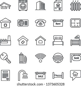 Thin Line Icon Set - office building vector, contract, house, with garage, plan, estate document, sale, rent, sold signboard, key, bedroom, children room, bathroom, washer, heater, air conditioner