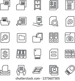 Thin Line Icon Set - office binder vector, document search, receipt, folder, photo gallery, paper, tray, archive box, usb flash