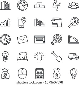 Thin Line Icon Set - office building vector, mouse, money bag, bulb, job, factory, circle chart, mobile tracking, consumer search, group, arrow up graph, shining head, earth, crisis, calculator, car