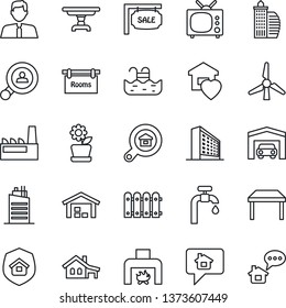 Thin Line Icon Set - office building vector, house with garage, pool, windmill, water supply, warehouse, fence, sale, rooms, estate search, client, agent, table, sweet home, fireplace, tv, city