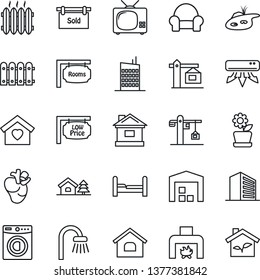 Thin Line Icon Set - office building vector, house, real heart, with tree, pond, warehouse, fence, rooms, sold signboard, low price, bedroom, bathroom, washer, cushioned furniture, sweet home, tv
