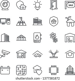 Thin Line Icon Set - office building vector, greenhouse, warehouse storage, garage, sale, sweet home, estate insurance, chip, eco house, irrigation, water heater, web camera, pc, gear, warm floor