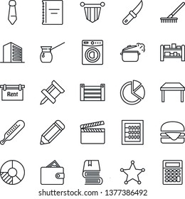 Thin Line Icon Set - office building vector, pennant, tie, pencil, circle chart, rake, garden knife, thermometer, container, rack, clapboard, copybook, drawing pin, pie graph, abacus, book, rent