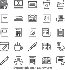Thin Line Icon Set - office binder vector, document search, coffee, calendar, reload, notes, clipboard, copybook, news, paper, printer, copier, contract, pen, stapler, cash, schedule, certificate