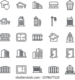 Thin Line Icon Set - office building vector, fence, garden light, store, house with garage, plan, sweet home, city, cafe, eco, door