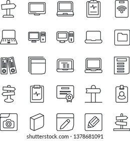 Thin Line Icon Set - office binder vector, notebook pc, document, pulse clipboard, signpost, monitor, laptop, folder, notes, photo gallery, blank box, pass card, certificate, guidepost
