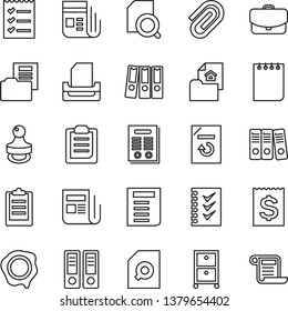 Thin Line Icon Set - office binder vector, notepad, document, reload, stamp, receipt, news, clipboard, paper clip, folder, search, checklist, tray, archive box, contract, estate, case
