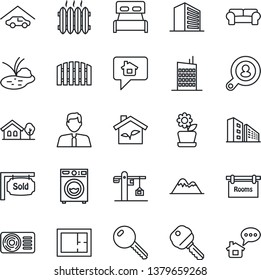 Thin Line Icon Set - office building vector, pond, house with tree, mountains, garage, fence, plan, rooms, sold signboard, client search, estate agent, key, bedroom, washer, cushioned furniture, eco