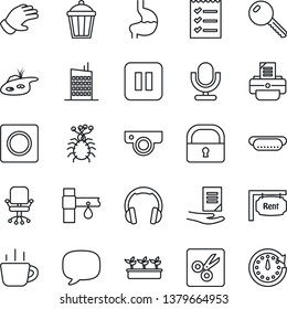 Thin Line Icon Set - office chair vector, coffee, document, printer, glove, seedling, garden light, drip irrigation, stomach, virus, microphone, headphones, pause button, message, record, cut, lock
