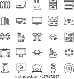 Thin Line Icon Set - office building vector, tv, monitor, radio phone, house, garage, chip, power plug, remote control, wireless, router, snowflake, pc, water filter, radiator, energy saving bulb