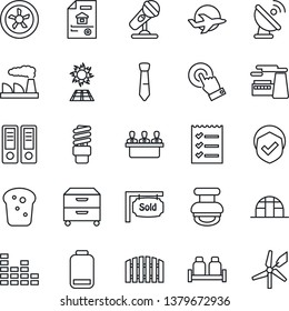 Thin Line Icon Set - office binder vector, factory, greenhouse, plane, shield, satellite antenna, microphone, equalizer, touch screen, low battery, checklist, meeting, tie, archive box, stamp, fence