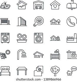 Thin Line Icon Set - office building vector, house with garage, tree, pond, sun panel, fruit, estate document, search, bedroom, children room, table, bathroom, washer, sweet home, flower in pot, eco