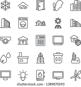 Thin Line Icon Set - office building vector, fireplace, tv, monitor, radio phone, house with tree, garage, estate insurance, water heater, web camera, snowflake, washer, smoke detector, bulb, door