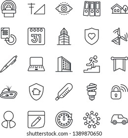 Thin Line Icon Set - office building vector, notebook pc, document reload, thermometer, tomography, heart shield, virus, calendar, notes, eye id, cellular signal, paper binder, career ladder, pen