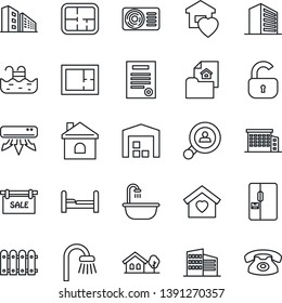 Thin Line Icon Set - office building vector, house, contract, with tree, pool, warehouse, fence, plan, estate document, sale, client search, lock, bedroom, bathroom, sweet home, air conditioner