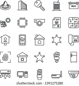 Thin Line Icon Set - office building vector, house, bird, sun panel, estate document, rent, key, smart home, city, chip, fingerprint, router, web camera, air conditioner, intercome, pc, control app