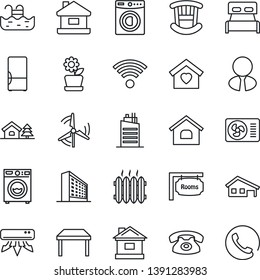 Thin Line Icon Set - office building vector, house, with garage, tree, pool, windmill, rooms, estate agent, bedroom, children room, table, washer, sweet home, heater, air conditioner, fridge, city