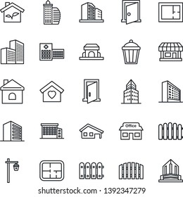 Thin Line Icon Set - office building vector, fence, house, garden light, hospital, store, with garage, plan, sweet home, cafe, eco, door