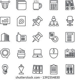 Thin Line Icon Set - office building vector, hierarchy, chair, pennant, binder, mouse, notebook pc, document, drawing pin, bulb, calendar, statistic monitor, reload, stamp, phone, paper, clipboard