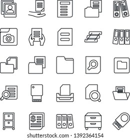 Thin Line Icon Set - office binder vector, document search, receipt, folder, photo gallery, paper, tray, archive box, usb flash