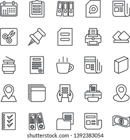 Thin Line Icon Set - office binder vector, document, coffee, printer, pin, clipboard, folder, news, paper, cut, search, blank box, checklist, copier, contract, serviette, calendar, cash