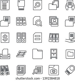 Thin Line Icon Set - office binder vector, document search, receipt, folder, photo gallery, paper, tray, archive box, usb flash
