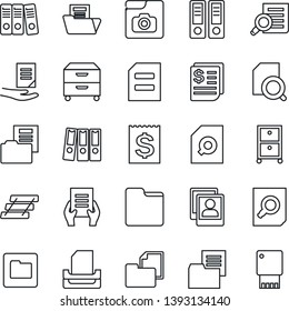 Thin Line Icon Set - office binder vector, document search, receipt, folder, photo gallery, paper, tray, archive box, usb flash
