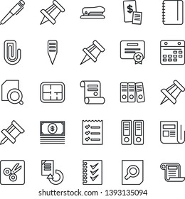 Thin Line Icon Set - office binder vector, document search, notepad, drawing pin, reload, contract, plant label, news, calendar, cut, paper clip, checklist, pen, stapler, plan, restaurant receipt
