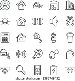 Thin Line Icon Set - office building vector, warehouse storage, house, with garage, water supply, estate search, key, smart home, control, wireless, web camera, app, filter, radiator, sound, battery