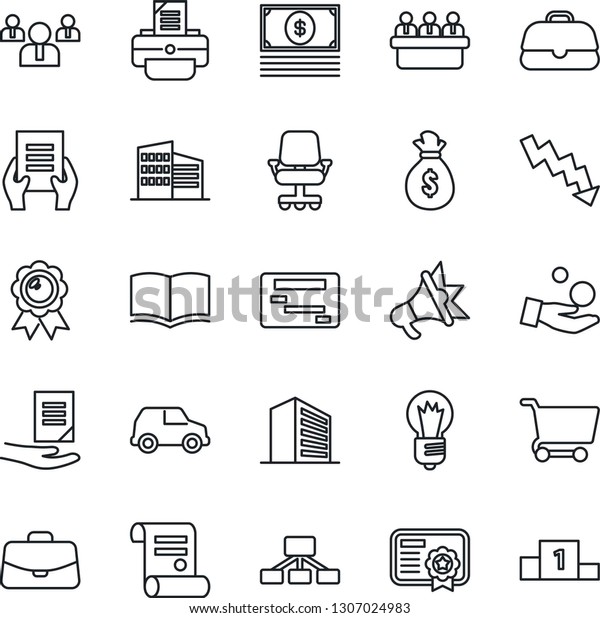 Thin Line Icon Set - office building vector,\
book, case, team, medal, crisis graph, document, meeting, bulb,\
printer, contract, money bag, chair, investment, cart, cash, car,\
schedule, hierarchy