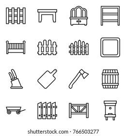 Thin line icon set : pallet, table, dresser, rack, crib, fence, cutting board, knife holder, axe, barrel, trailer, farm, hive