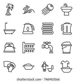 thin line icon set : palm, surfer, jellyfish, sink, bath, kettle, towels, watering, water tap, foam bucket, wiping, basin, toilet cleaning, handle washing