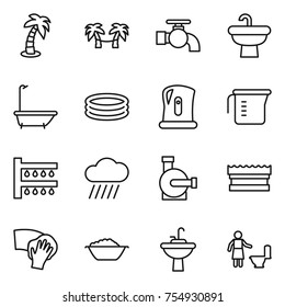 thin line icon set : palm, hammock, water tap, sink, bath, inflatable pool, kettle, measuring cup, watering, rain cloud, pump, sponge, wiping, foam basin, toilet cleaning