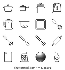 thin line icon set : pan, saute, kettle, colander, cutting board, whisk, spatula, big fork, rolling pin, grater, sieve, ketchup