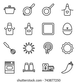 thin line icon set : pan, apron, cutting board, egg timer, whisk, gas oven, elecric, induction, salt pepper, food processor, hot