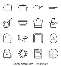 thin line icon set : pan, saute, colander, cook hat, apron, glove, cutting board, egg timer, toaster, gas oven, sieve