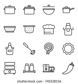 thin line icon set : pan, cauldron, saute, colander, chief hat, apron, whisk, elecric oven, induction, double boiler, salt pepper, food processor, hot