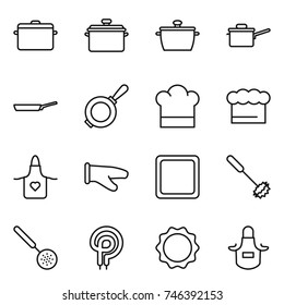thin line icon set : pan, saute, cook hat, chief, apron, glove, cutting board, whisk, skimmer, elecric oven, induction