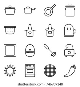 thin line icon set : pan, saute, colander, apron, cook glove, cutting board, egg timer, whisk, toaster, gas oven, sieve, hot pepper