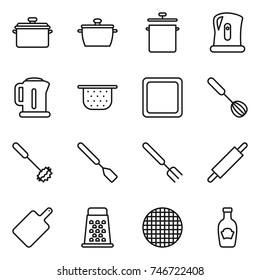 thin line icon set : pan, kettle, colander, cutting board, whisk, spatula, big fork, rolling pin, grater, sieve, ketchup