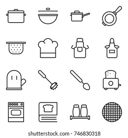 thin line icon set : pan, cauldron, saute, colander, cook hat, apron, glove, whisk, big spoon, toaster, oven, cooking book, salt pepper, sieve