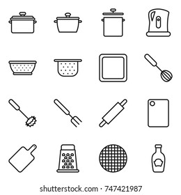 thin line icon set : pan, kettle, colander, cutting board, whisk, big fork, rolling pin, grater, sieve, ketchup