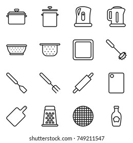 thin line icon set : pan, kettle, colander, cutting board, whisk, spatula, big fork, rolling pin, grater, sieve, ketchup