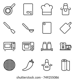 thin line icon set : pan, kitchen scales, cook hat, apron, spatula, ladle, cutting board, microwave oven, grill, salt pepper, food processor, sieve, hot, paper towel