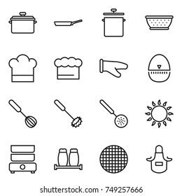 thin line icon set : pan, colander, cook hat, chief, glove, egg timer, whisk, skimmer, gas oven, double boiler, salt pepper, sieve, apron