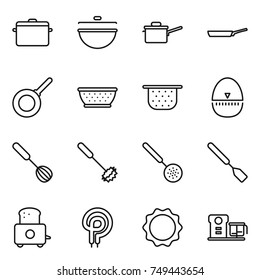 thin line icon set : pan, cauldron, saute, colander, egg timer, whisk, skimmer, spatula, toaster, elecric oven, induction, food processor