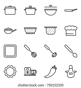 thin line icon set : pan, cauldron, colander, chief hat, cutting board, whisk, big spoon, induction oven, food processor, hot pepper, apron